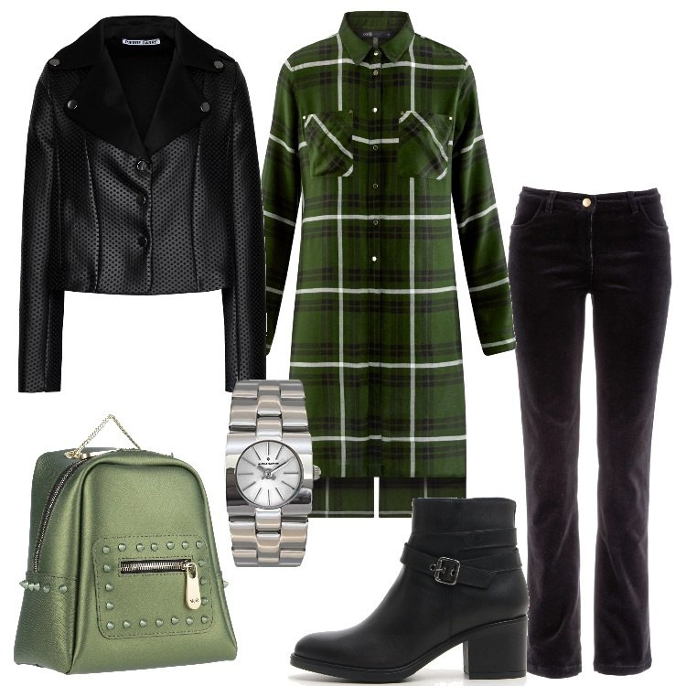 Outfit donna - Camicia lunga con spacchi. Stile Trendy per Tutti i giorni. Abbinamento con pantaloni, giubbotto collo con revers a maniche lunghe interno sfoderato in pelle sintetica tinta unita, zaino, camicia lunga a quadri colletto punta aderente verde, stivaletti, orologi.