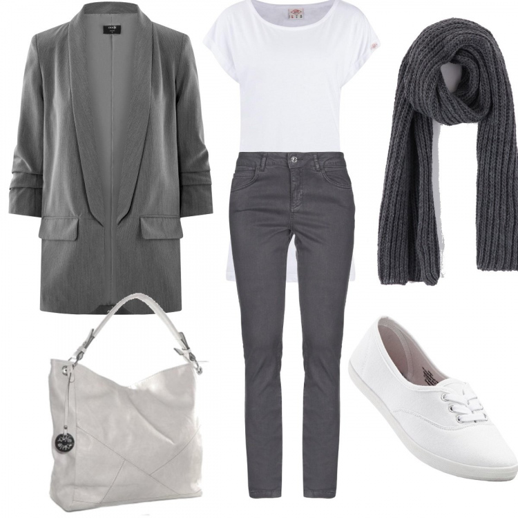Outfit donna - Bianco - grigio. Stile Basic Abbinamento con sneakers, pantalone lungo, sciarpa melange tinta unita grigio, borsa a spalla, blazer collo aperto aderente grigio, t-shirt sportiva.