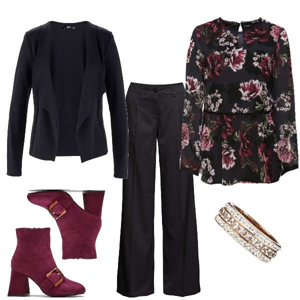 Outfit donna - Saldi BonPrix. Stile Trendy per Tutti i giorni. Abbinamento con blazer, bluse, pantalone lungo, stivaletti, anello con strass in oro rosa.