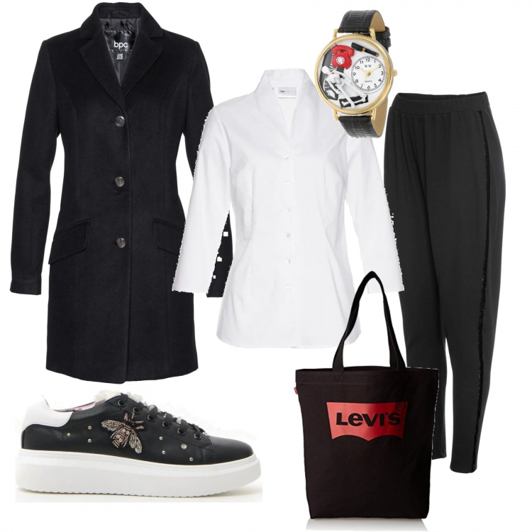 Outfit donna - Curvy basic ogni giorno. Stile Basic per Tutti i giorni. Abbinamento con camicie, pantalone lungo, cappotti, sneakers, borse tote, orologi.