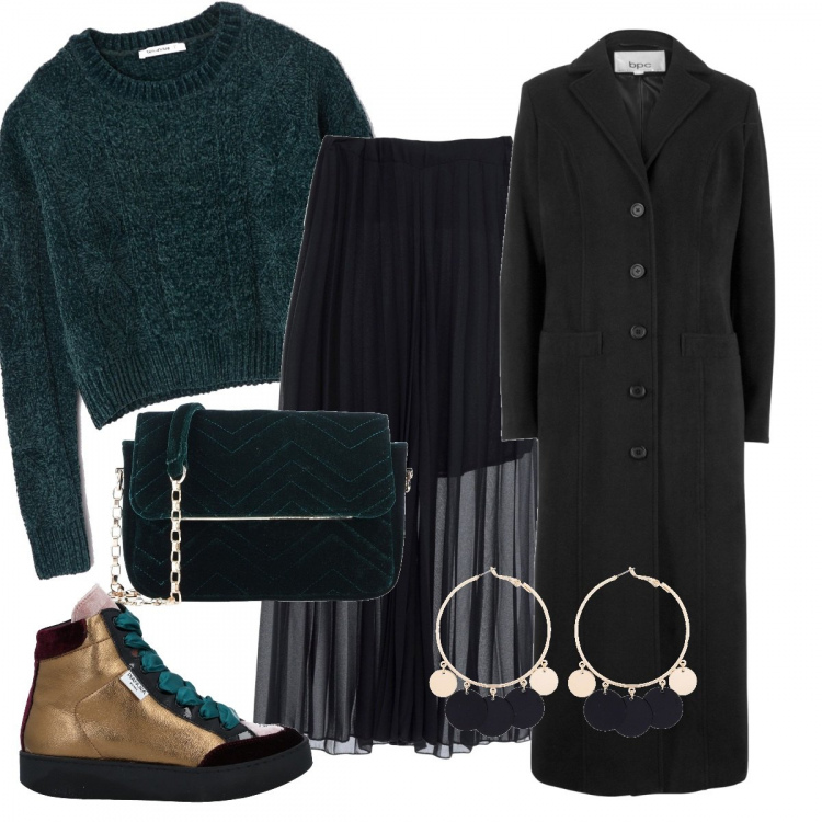 Outfit donna - Cinema glamour. Stile Trendy per Serata fuori. Abbinamento con cappotti, orecchini, sneakers tennis fantasia multicolore effetto laminato senza tacco con zip interno foderato con punta tonda pianta stretta in velluto, gonna longuette plissè interno semi-foderato crêpe, borsa a tracolla, maglia a trecce crop in ciniglia verde.