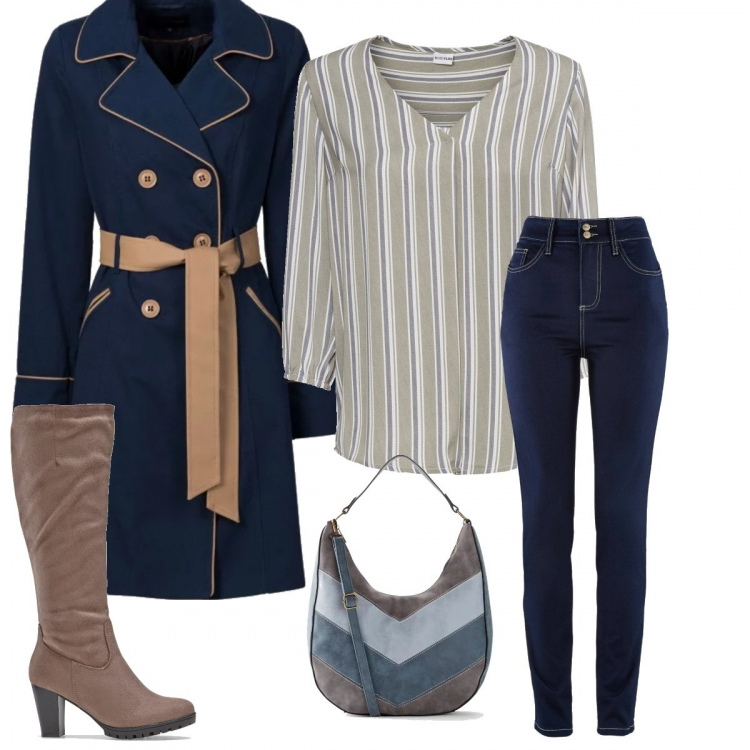 Outfit donna - In ufficio con Bon Prix. Stile Basic per Ufficio. Abbinamento con trench, jeans slim fit, cappotti, borse a mano, stivali.