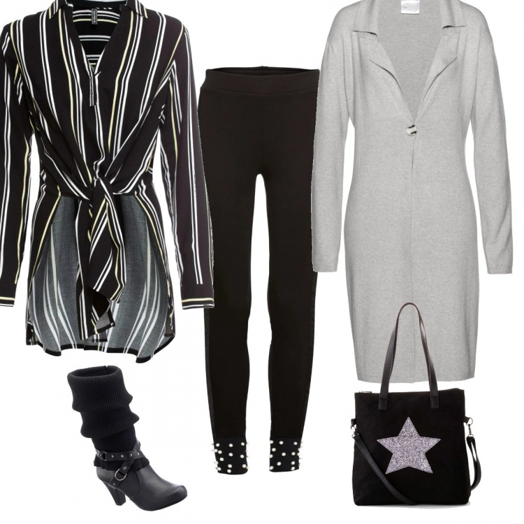 Outfit donna - Serata cinema. Stile Basic per Serata fuori. Abbinamento con stivali, vestiti, pantalone con perle nero, cardigan maxi grigio, cappotti.