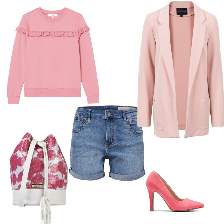 Outfit donna - Tendenze P/E 2020 - 1°. Stile Basic per Tutti i giorni. Abbinamento con borse a tracolla, vestiti corti, décolleté, felpa con ruches e scollo a maniche lunghe rosa, pantalone corto.