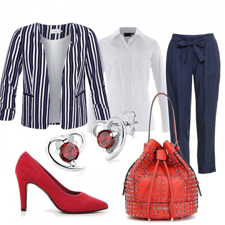 Outfit donna - Basic #2341. Stile Basic per Tutti i giorni. Abbinamento con camicie, bluse, giacche, borsetta nero e rosso, décolleté, orecchini.
