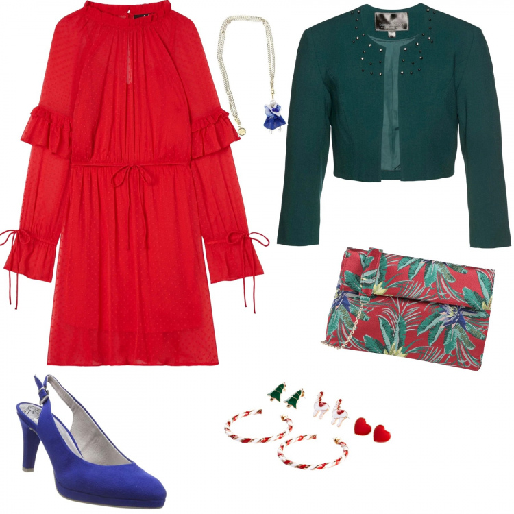 Outfit donna - Bon Ton #1973. Stile Bon Ton per Cerimonia. look ideale per Petite. Abbinamento con borsa a mano, costumi interi, bolero, ciondoli, scarpe con cinturino blu, vestiti.