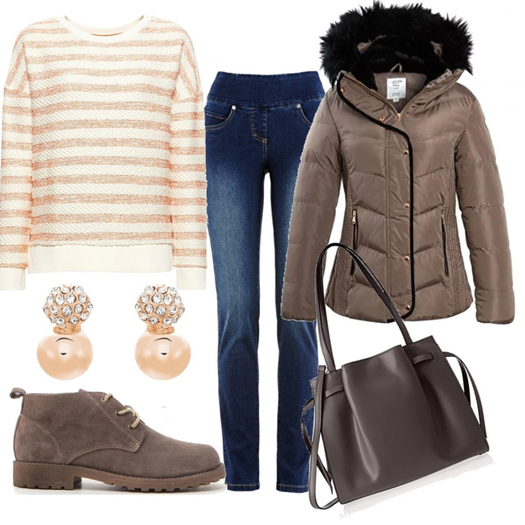 Outfit donna - Tra gli scaffali del supermercato. Stile Basic per Tutti i giorni. Abbinamento con jeans slim fit, cappotto, felpe, scarpe stringate, shopping bag marrone, orecchini con strass.