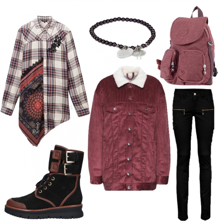 Outfit donna - In partenza. Stile Sexy per Scuola/Università. Abbinamento con pantaloni cargo, cappotti, borsa, braccialetti, camicie, stivali.