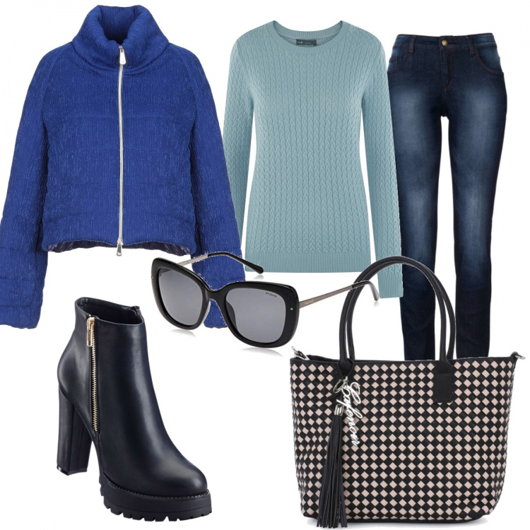 Outfit donna - Trendy #4001. Stile Trendy per Tutti i giorni. Abbinamento con jeans skinny, stivaletti, piumini, shopping bag nero, maglioni, occhiali da sole nero.