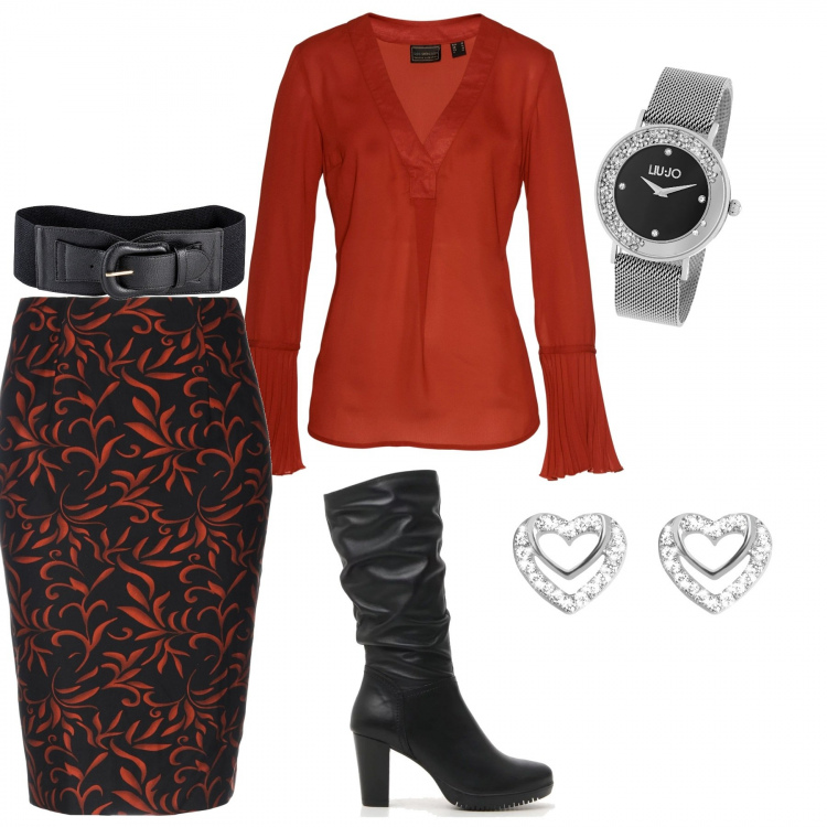 Outfit donna - Rosso è il colore dell\'amore. Stile Sexy per Serata fuori. Abbinamento con cinture, blusa, gonna longuette con spacco fantasia con zip interno foderato jersey, stivali e anfibi, orologio con cinturino nero e argento, orecchini in argento 925 argento.