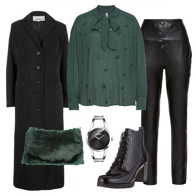 Outfit donna - Aperitivo in centro. Stile Basic per Serata fuori. Abbinamento con cappotti, camicetta con fiocco verde, gonne, borsa a spalla, stivaletti, bracciale nero.