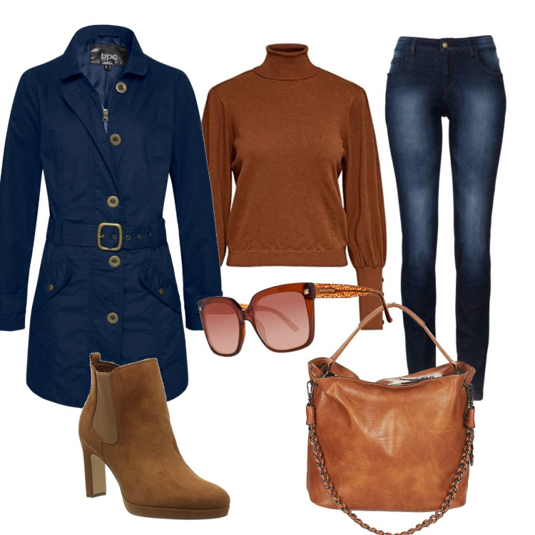Outfit donna - Basic #2457. Stile Basic per Tutti i giorni. Abbinamento con jeans skinny, trench, borsa a spalla, stivaletti, pullovers, occhiali da sole marrone.