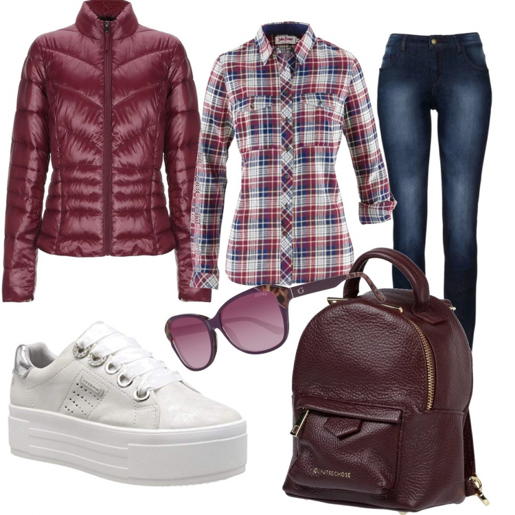 Outfit donna - Urban #2040. Stile Urban per Scuola/Università. Abbinamento con jeans skinny, camicie, zaino, piumino, scarpa sportiva, occhiali da sole.