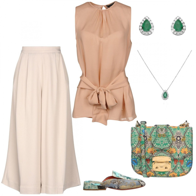Outfit donna - La parure Verde Smeraldo!. Stile Bon Ton per Ufficio. Abbinamento con borsa a tracolla mini fantasia floreale, top, sabot, pantaloni, collana a goccia con ciondolo girocollo in oro bianco, orecchini in oro bianco.