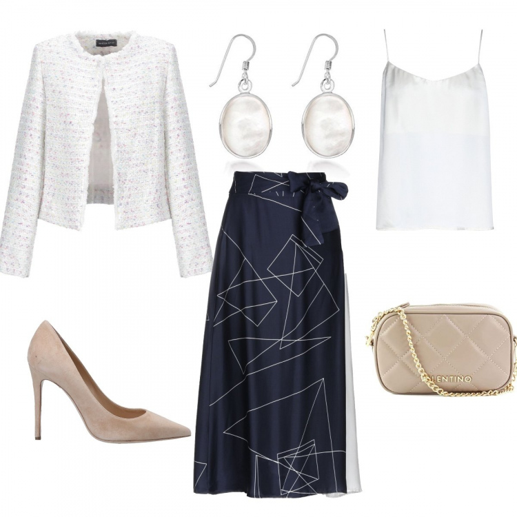 Outfit femme - Rendez-vous. Style Chic pour Soirée dehors. Assortir avec jupes effetto satinato con zip, vestes, blazers et manteaux tweed in poliestere multicolore, sacs en bandoulière petit beige e grigio, chaussures à talon, boucles d'oreilles in sterling 925 argento, tops et blouses.
