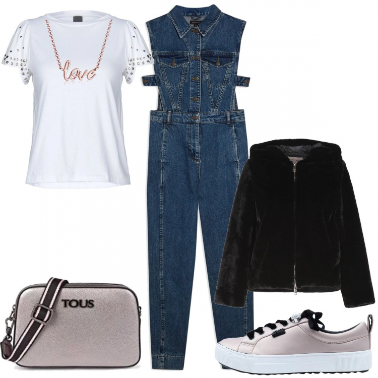 Outfit donna - La Jumpsuit e le snkeakers. Stile Basic per Scuola/Università. Abbinamento con salopette delavé collo classico senza maniche con cinturino in denim tinta unita, t-shirt, sneakers, ecopelliccia, ciondoli, borse a spalla.