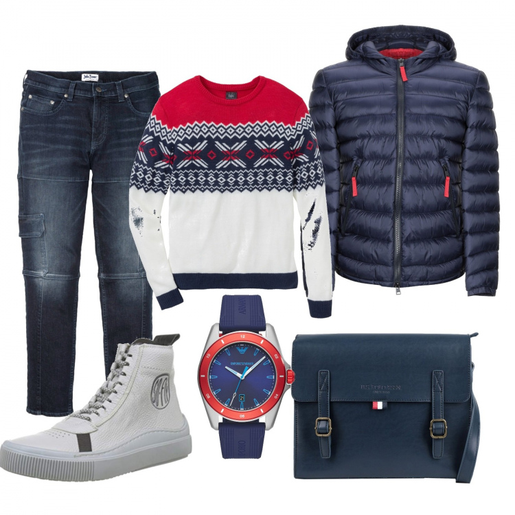 Outfit uomo - Casual #1385. Stile Casual per Tutti i giorni. Abbinamento con jeans slim fit, maglione, piumino con cappuccio a maniche lunghe con zip in tessuto tecnico tinta unita, polo, orologio, sneakers collo alto grigio.