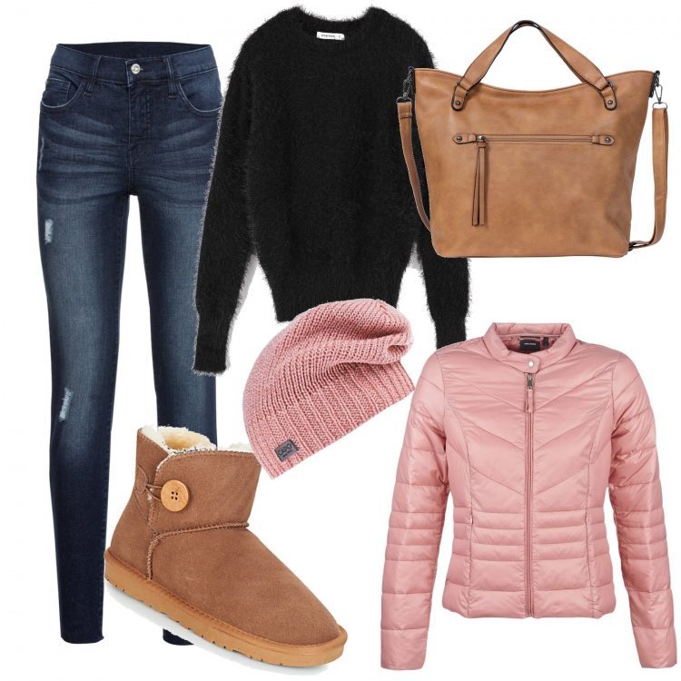 Outfit donna - Easy di giorno. Stile Basic per Tutti i giorni. Abbinamento con jeans strappati, borsa a tracolla marrone, maglia nero, piumino rosa, stivaletti, berretti.