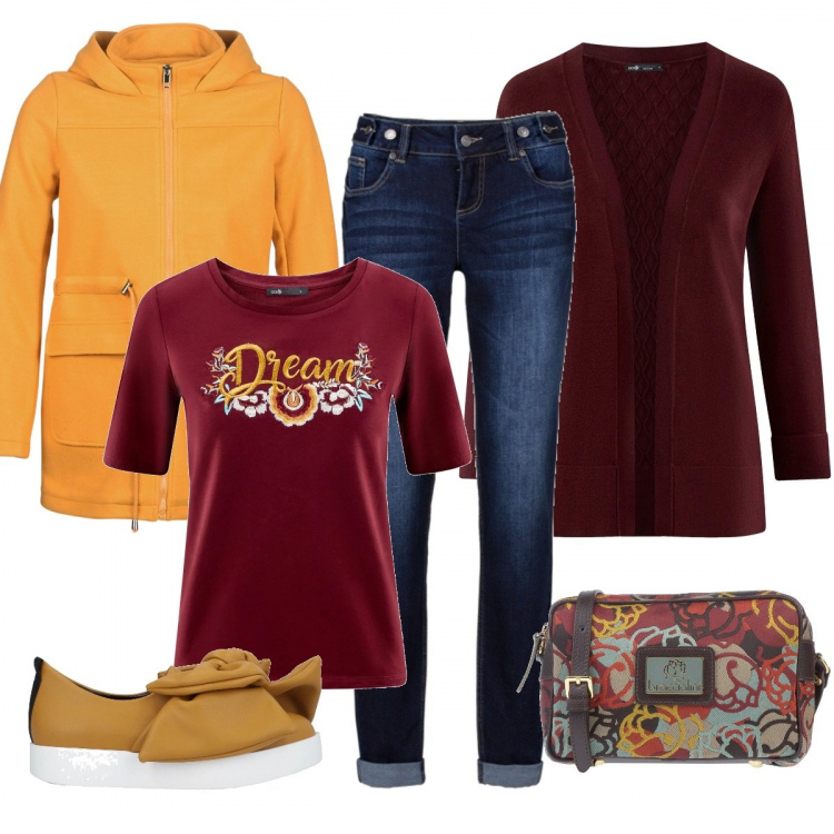 Outfit donna - Viviamo a colori. Stile Trendy per Tutti i giorni. Abbinamento con jeans boyfriend, borsa a tracolla mini fantasia multicolore in pelle martellata con zip fondo con piedini, sneakers, cappotti, t-shirt con ricamo aderente rosso, cardigans.