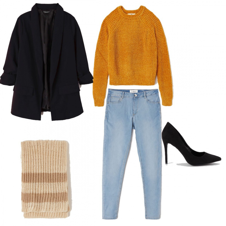 Outfit donna - Basic #2489. Stile Basic per Tutti i giorni. Abbinamento con giacca, pantalone skinny in denim blu, maglione in ciniglia giallo, sciarpa a righe avorio, décolleté tinta unita nero.