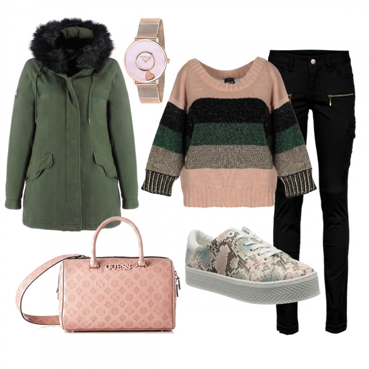 Outfit donna - Con le sneakers in ufficio. Stile Trendy per Ufficio. Abbinamento con pantaloni cargo, pullovers, parka, sneakers, borsa rosa, orologi analogici.
