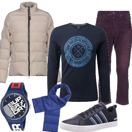 Outfit hombre - Total look #424061. para Todos los días. Combinación con relojes, jerséis y cárdigan grigio, sciarpa blu, sneakers, gonnellino, pantalone.