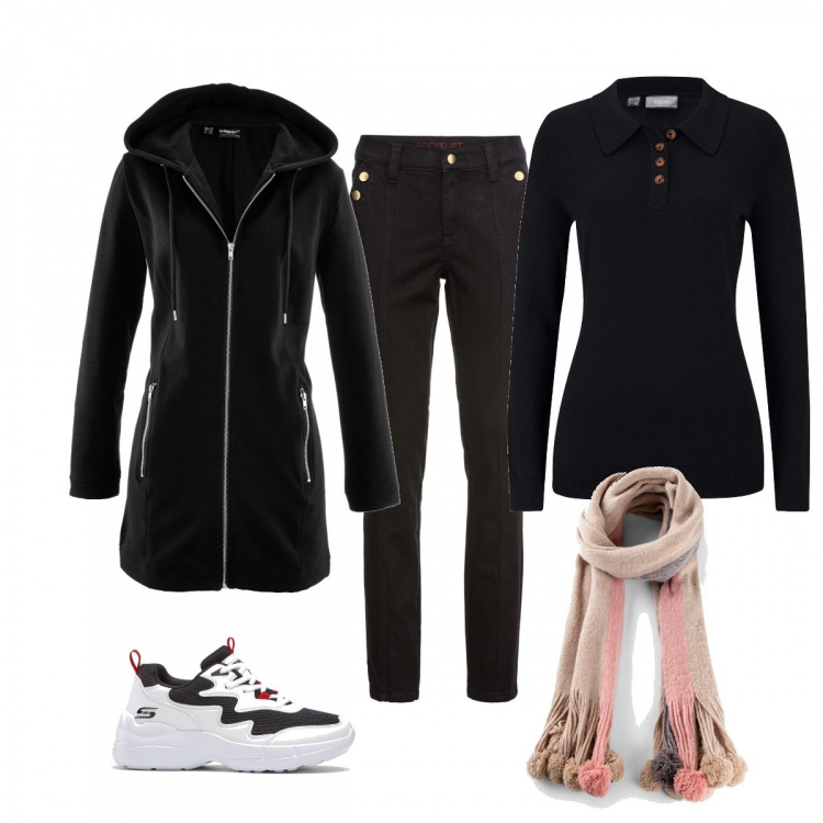 Outfit donna - Una passeggiata al parco. Stile Basic per Tutti i giorni. Abbinamento con felpe sportive, cinture, gonne, top, sciarpa.