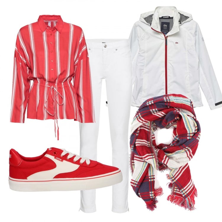 Outfit donna - Basic #2538. Stile Basic per Tutti i giorni. Abbinamento con jeans skinny, costumi interi, giacca bianco, sciarpa rosso, sneakers.