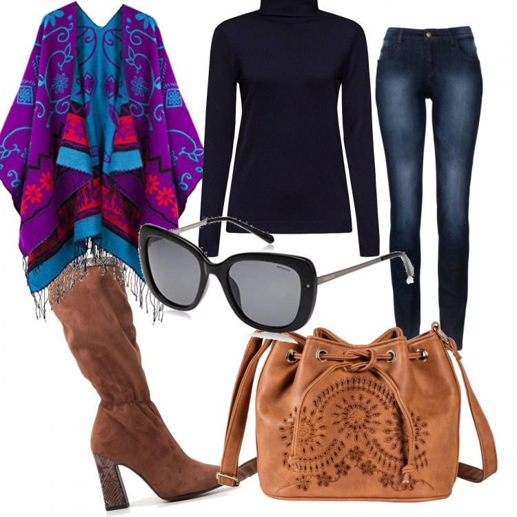 Outfit donna - Trendy #4194. Stile Trendy per Tutti i giorni. Abbinamento con jeans skinny, portafogli, stivali animalier effetto vernice, poncio, maglione navy, occhiali da sole nero.