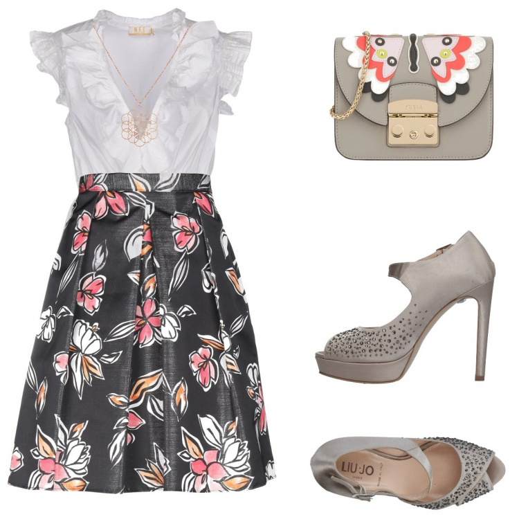 Outfit donna - Regalatemi tutto!. Stile Chic per Ufficio. Abbinamento con gonna al ginocchio fantasia floreale effetto laminato con zip interno sfoderato, décolleté, blusa senza tasche con paillettes collo a v a maniche corte tinta unita, borsa a tracolla petit fantasia multicolore a scatto interno foderato in pelle con tasca interna, collana con pizzo girocollo in ottone.