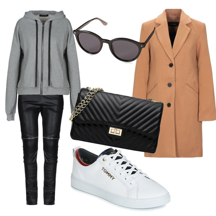 Outfit mujer - Street style. Estilo Urban para Todos los días. Combinación con gafas de sol, sneakers, cappotto, pantalones, top, shopping bag.