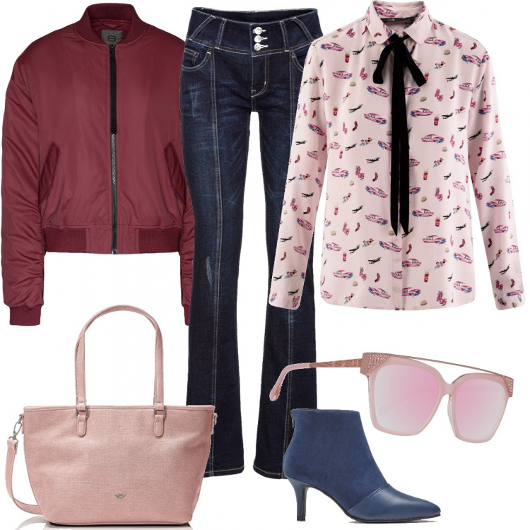Outfit donna - Monday Style. Stile Basic per Ufficio. Abbinamento con jeans bootcut, stivaletti, bomber, camicie, occhiali da sole, borsa tote con zip rosa.