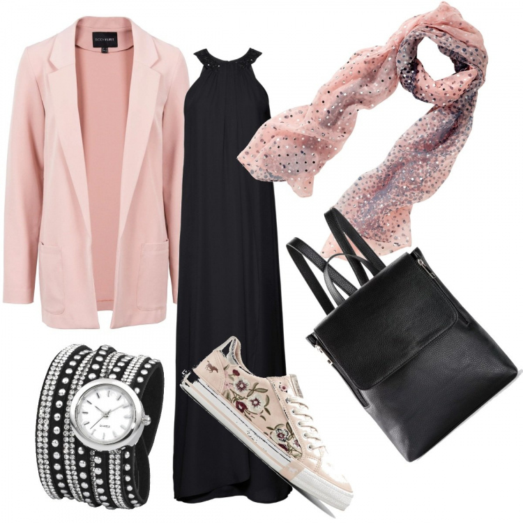 Outfit donna - Dolce ma non troppo!. Stile Trendy per Cerimonia. look ideale per Petite. Abbinamento con vestiti corti, vestito nero, sneakers, foulard, zaino interno foderato in pelle sintetica nero, orologio.