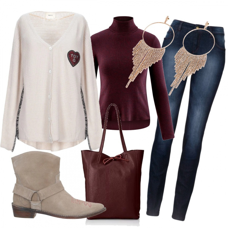 Outfit donna - Texani in ufficio. Stile Trendy per Ufficio. Abbinamento con jeans skinny, orecchini, cardigan con strass lavorato a maglia a maniche lunghe senza tasche tinta unita, stivaletti con ricamo e cubano con cinturino a punta tinta unita, maglioni, borse a spalla.