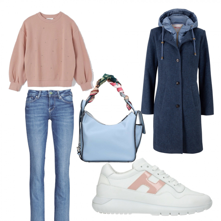 Outfit donna - Tempo libero. Abbinamento con cappotti, felpe, sneakers effetto vernice con logo frontale bianco, borsa a tracolla blu, jeans bootcut.