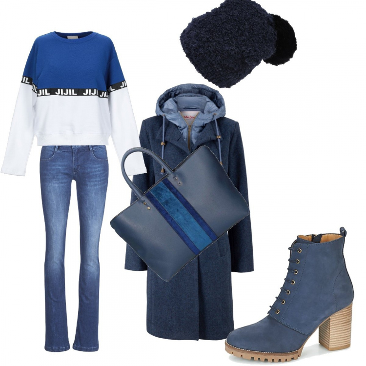 Outfit donna - Easy Monday. Stile Trendy per Tutti i giorni. Abbinamento con cappotti, felpa fantasia collo tondo a maniche lunghe in cotone, cappello, shopping bag blu, stivaletti, jeans bootcut.