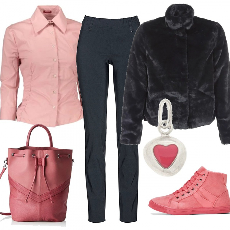 Outfit donna - Sapore di fragola. Stile Basic per Tutti i giorni. Abbinamento con pantaloni, sneakers alte, giacche, camicia, zaino, collana in argento 925.