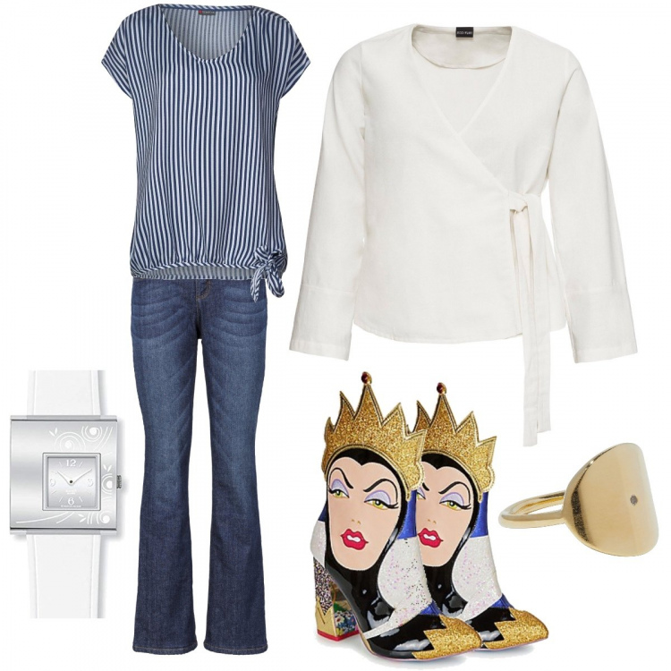 Outfit donna - Basic outfit stravagante. Stile Urban per Tutti i giorni. Abbinamento con jeans bootcut, blazer, anello effetto laminato, stivaletti, camicia, orologi.
