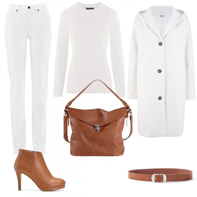 Outfit donna - Bianco - marrone. Stile Basic per Tutti i giorni. Abbinamento con cappotto, maglieria, portafogli, jeans mom, cintura, maglioni.