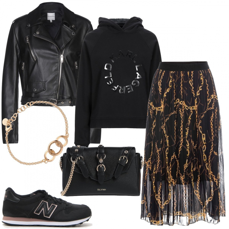 Outfit donna - Catene, un trend di stagione. Stile Trendy per Ufficio. Abbinamento con gonna longuette, felpa contrasto con cappuccio a maniche lunghe in cotone tinta unita, borse a tracolla, giubbotto collo con revers a maniche lunghe con zip interno foderato in pelle sintetica tinta unita, sneakers, bracciale glitter in ottone.