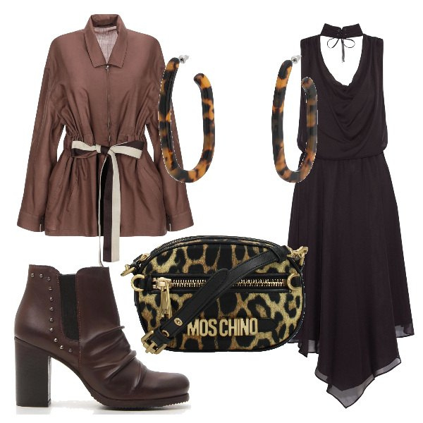 Outfit donna - Trendy #4322. Stile Trendy per Serata fuori. Abbinamento con vestiti midi/longuette, giacca oro, orecchini effetto acetato con farfallina, borse a spalla, stivaletti.