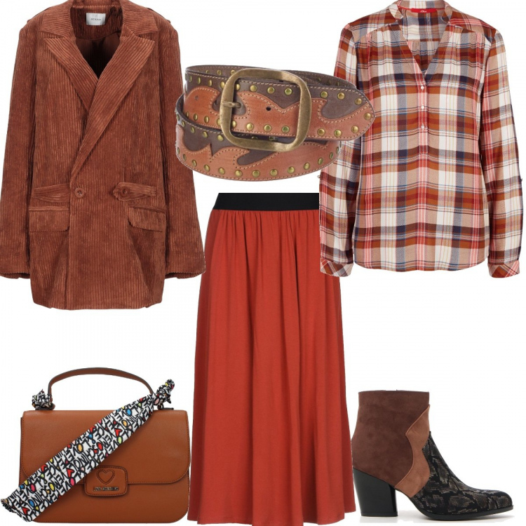 Outfit donna - Stivaletti + Borsa Trendy. Stile Trendy per Tutti i giorni. Abbinamento con gonna longuette, giacca, borsa a mano, stivaletti texani, blusa a quadri marrone, cinture.