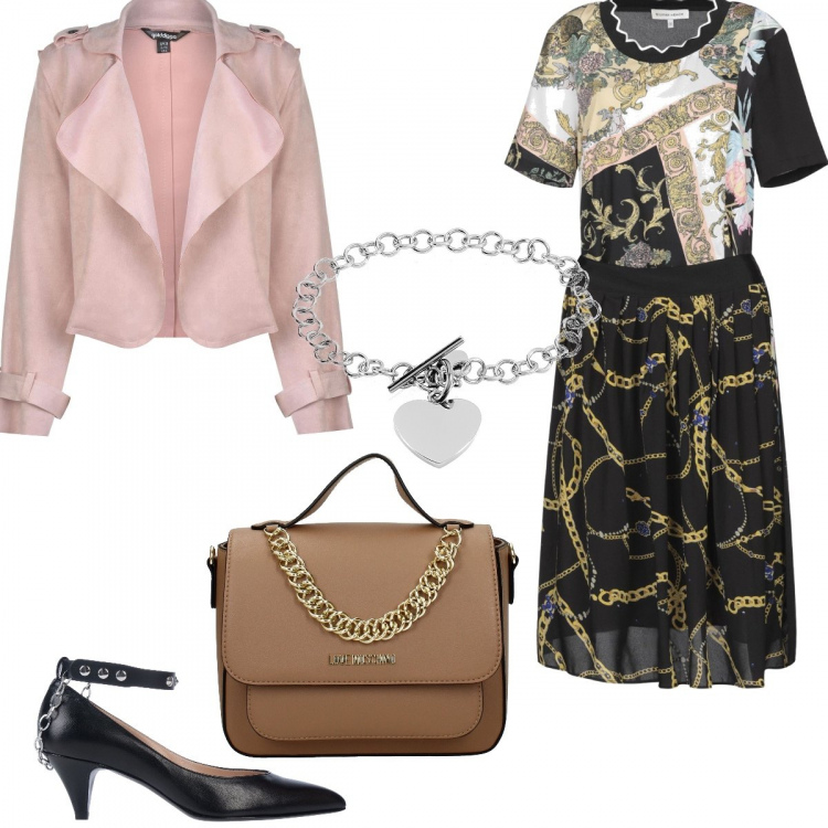 Outfit donna - Trend: Catene. Stile Bon Ton per Ufficio. Abbinamento con vestito longuette/midi, décolleté, borse a mano, blazer, bracciale.