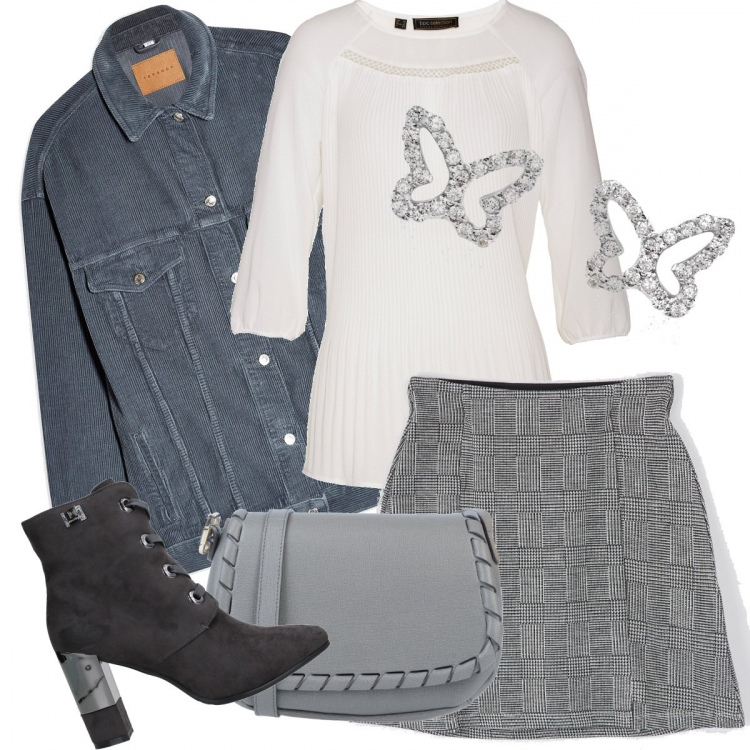 Outfit donna - Tutto in saldo a febbraio. Stile Trendy per Tutti i giorni. Abbinamento con tunica, stivaletti effetto scamosciato con tacco squadrato e zip interno sfoderato con punta tonda tinta unita, borsa a tracolla mini con stampa e zip interno foderato tinta unita, giubbotto a coste collo classico a maniche lunghe interno sfoderato in velluto monopetto, minigonna fantasia bianco, orecchini farfalla argento.