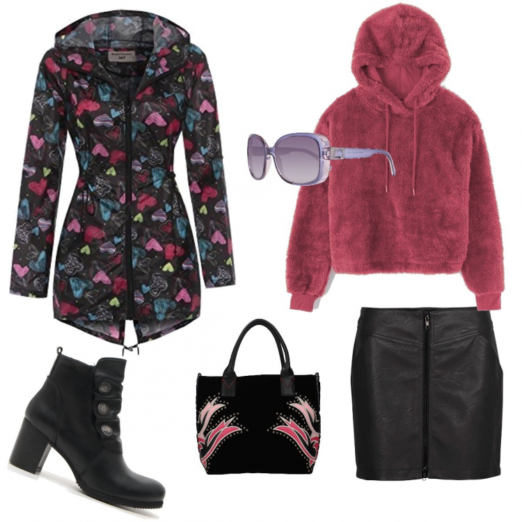 Outfit donna - La felpa pelosa. Stile Trendy per Scuola/Università. Abbinamento con minigonne, felpa con cappuccio a maniche lunghe crop, borse a mano, trench, stivaletti, occhiali da sole viola.
