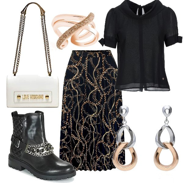 Outfit donna - Trendy #4397. Stile Trendy per Serata fuori. Abbinamento con camicia a maniche corte, gonna con stampa plissè con catenina nero, giubbotto, anello glitter in ottone, orecchini pendenti, borse a tracolla.