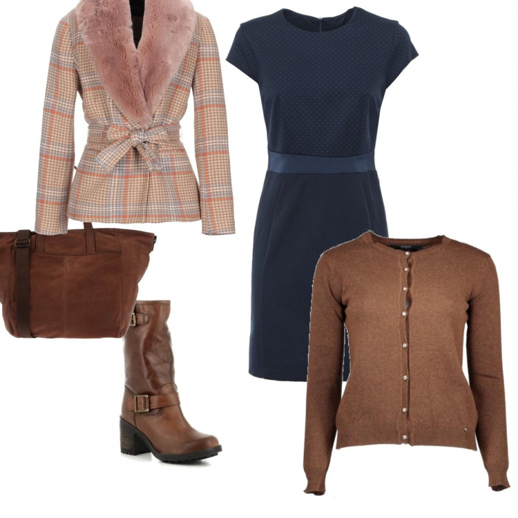 Outfit donna - Bon Ton #2106. Stile Bon Ton per Tutti i giorni. Abbinamento con blazer, borsa a spalla maxi con zip interno foderato in nabuk tinta unita, stivali marrone, vestiti, cardigans.
