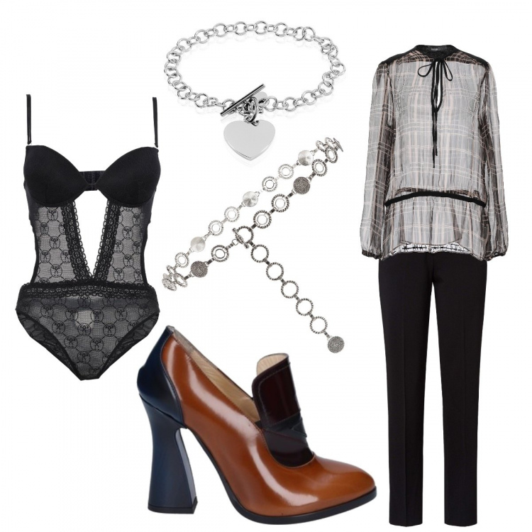 Outfit donna - Ufficio Incatenato. Stile Trendy per Ufficio. Abbinamento con cinture, blusa fantasia chiffon collo a v a maniche lunghe in seta, body con pizzo tinta unita, stivaletti, pantaloni, bracciale.
