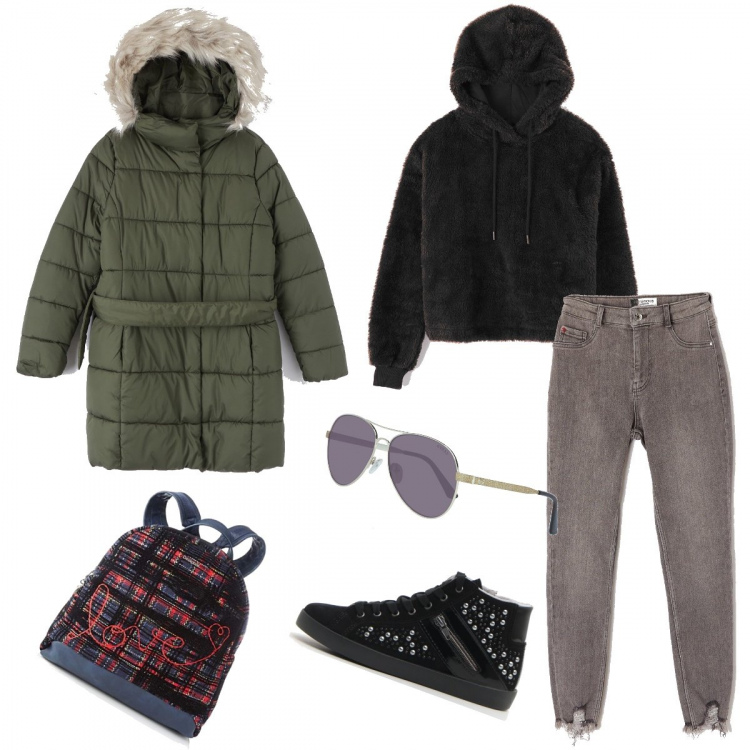 Outfit donna - Le offerte di febbraio. Stile Trendy per Scuola/Università. Abbinamento con jeans skinny effetto strappato in denim nero, felpa con cappuccio a maniche lunghe crop nero, piumino con cintura stile militare con cappuccio tinta unita verde, sneakers, zaino con manico e zip, occhiali da sole.