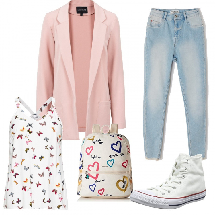 Outfit donna - Ci vediamo in facoltà. Stile Trendy per Scuola/Università. Abbinamento con top, blazer, jeans skinny, sneakers, zaini.